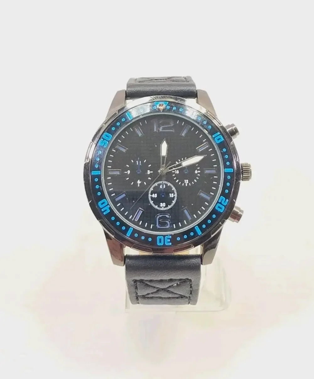 Men’s Blue Accent Watch W/ Black Dial, Black Vegan Leather Band New Battery W271